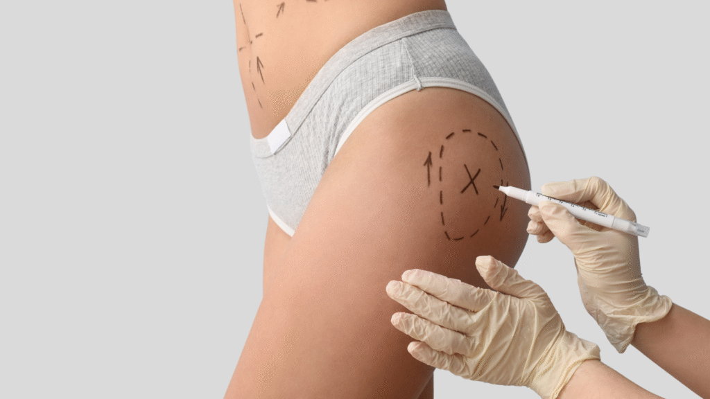 Marcações cirúrgicas em paciente durante o planejamento de gluteoplastia com prótese de silicone, realizada pelo Dr. Alexandre Audi, cirurgião plástico em São Paulo.