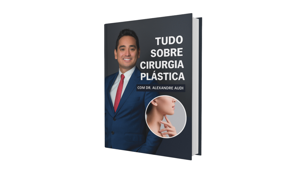 Capa do eBook “Tudo sobre Cirurgia Plástica” com o Dr. Alexandre Audi, médico cirurgião plástico em São Paulo, vestindo terno azul e gravata vermelha.